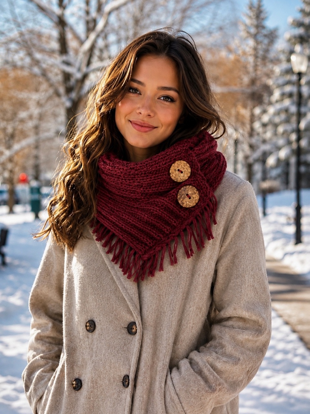 Burgundy Knit 🧣 scarf Poncho with Fringe and Buttons